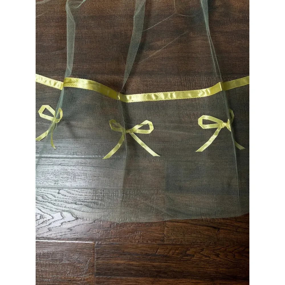 Vintage Handmade Green Tulle Half Apron — Mid Century Yellow Satin Ribbon Bows
